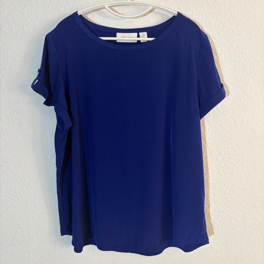 Chico's Blouse Women Size 3 XL Royal Blue Short Sleeve Button Tab Scoop Neck Top